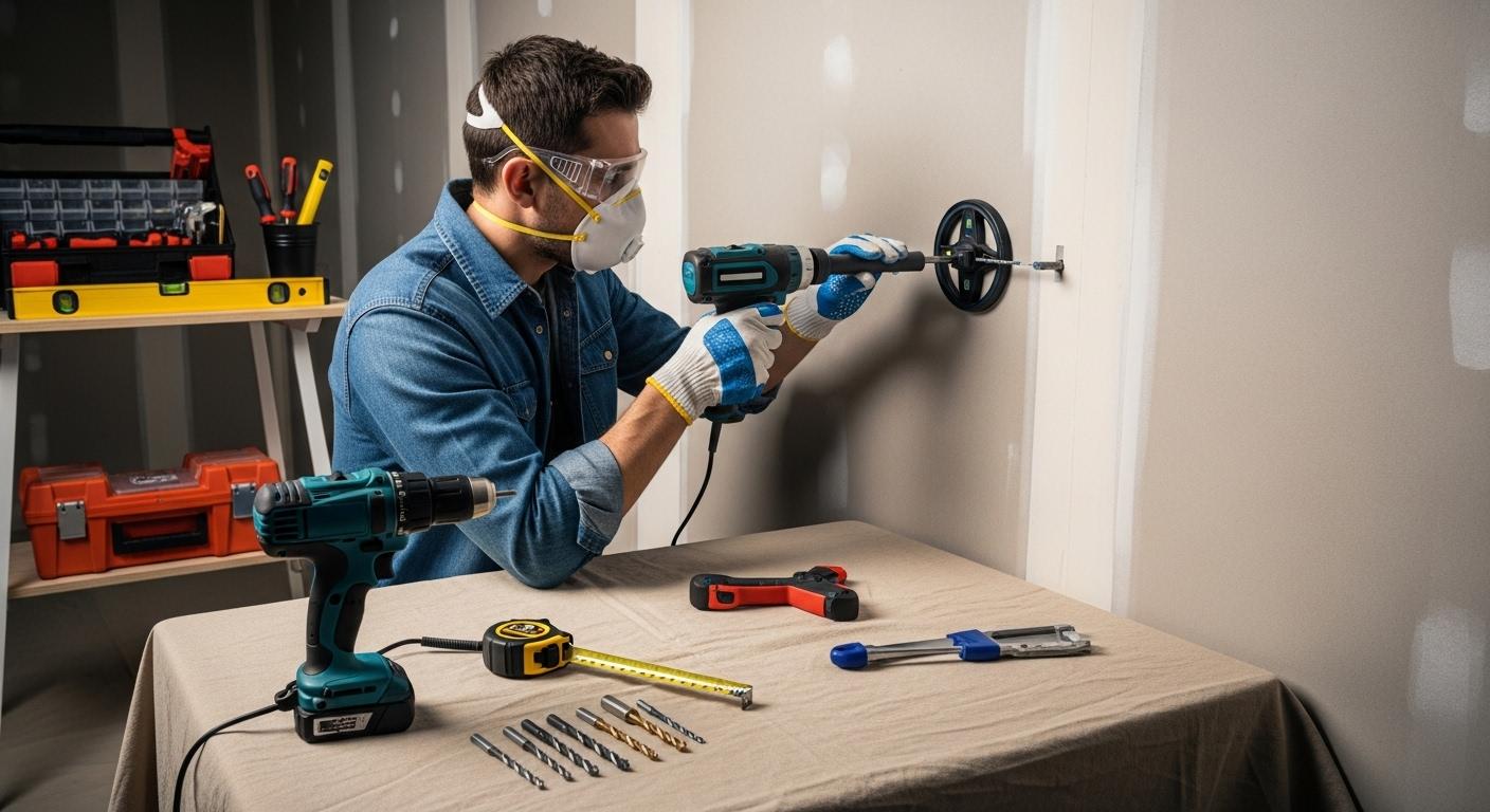 Un bricoleur équipé de lunettes, de gants et d’un masque, utilisant un détecteur de métaux sur un mur avant de percer, avec des outils soigneusement posés à côté et un poste de travail rangé.