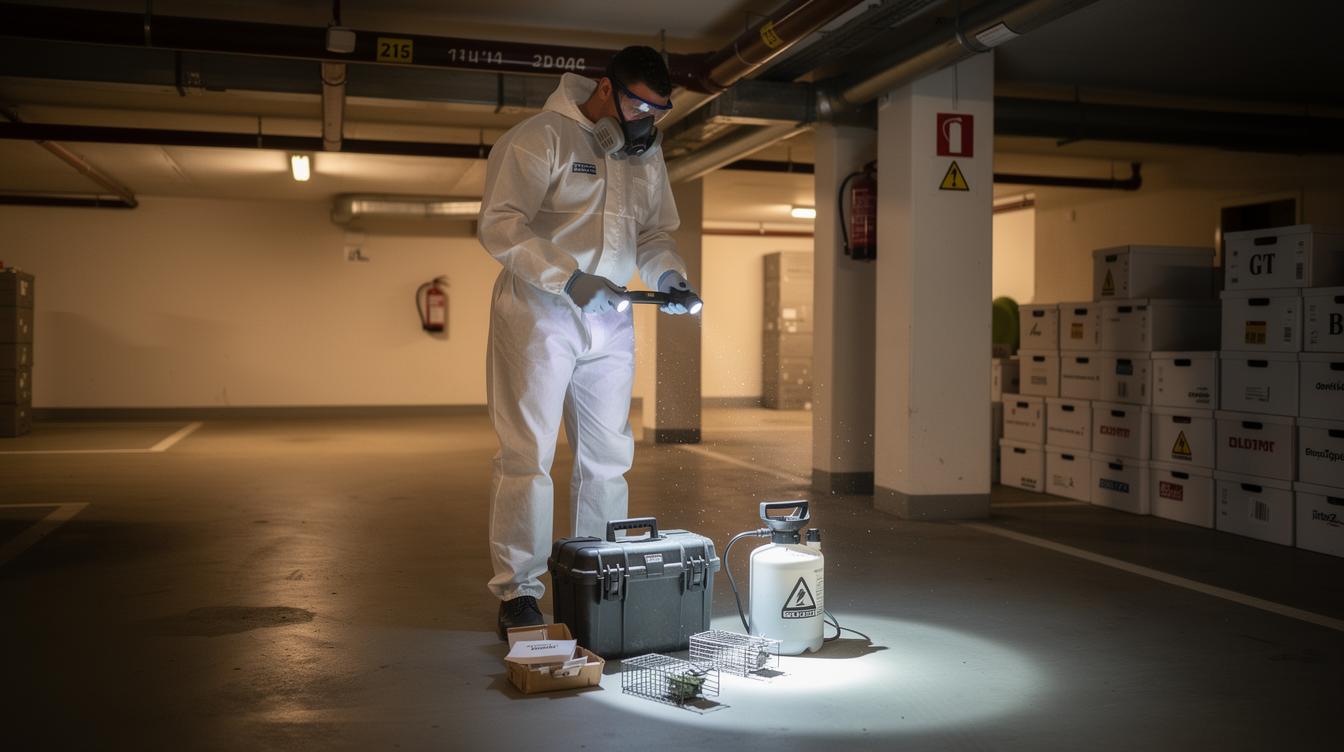 Un professionnel de la dératisation en combinaison intervient discrètement dans la cave d'un immeuble, manipulant du matériel spécialisé sous une lumière de torche, environnement ordonné et sécurisé.