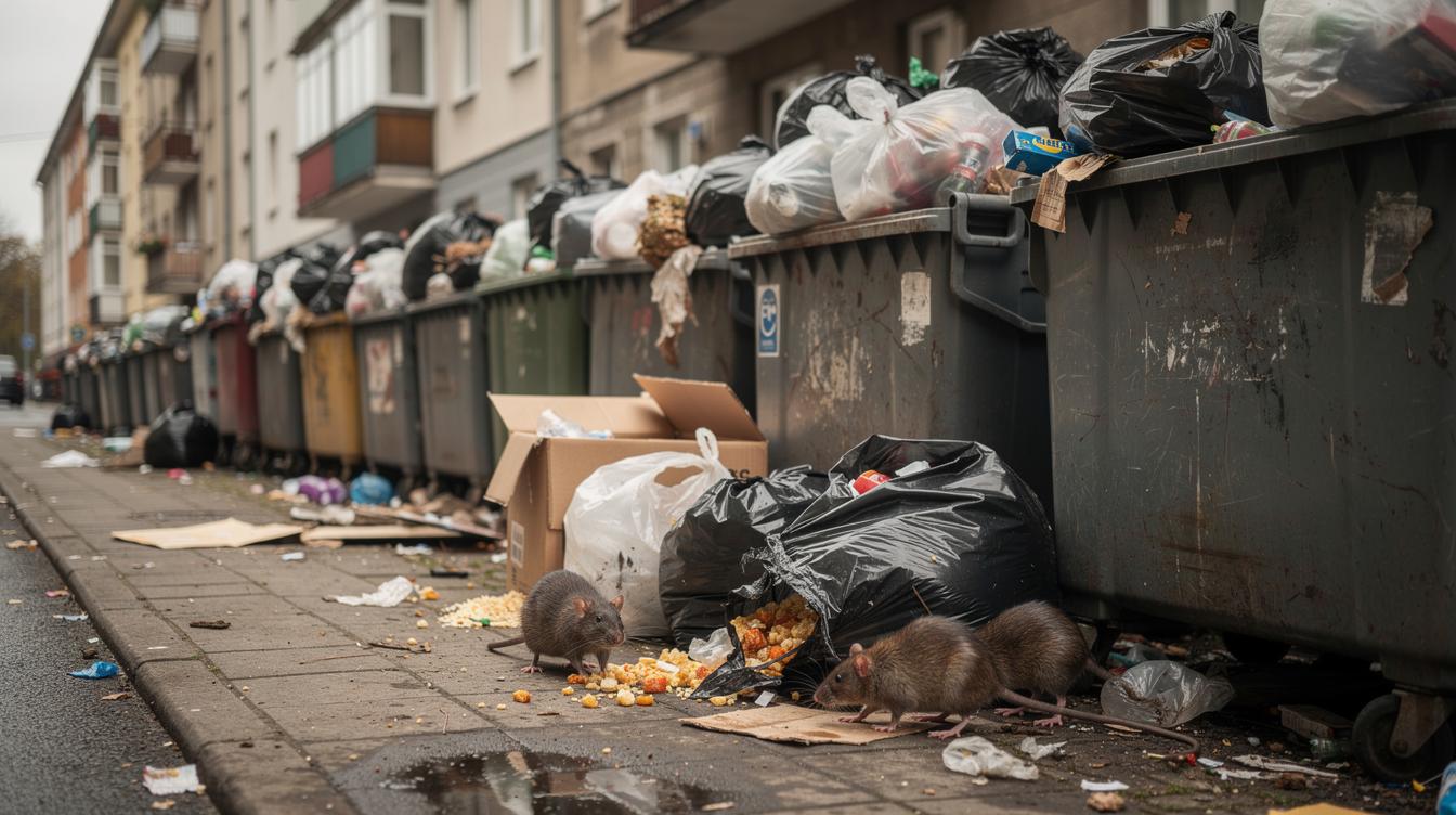 Rangée de containers à ordures débordants sur un trottoir de ville, avec quelques rats visibles près des sacs éventrés et des immeubles en arrière-plan