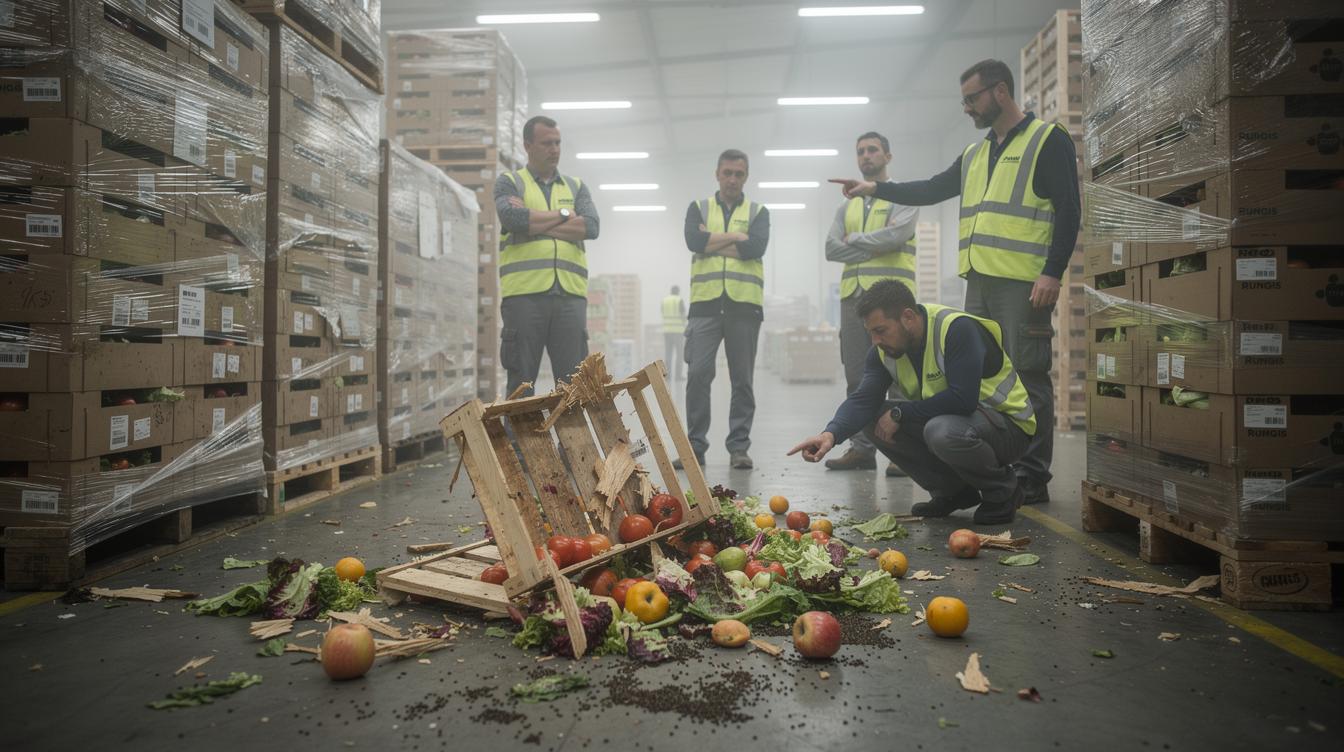 Cageot renversé dans un entrepôt à Rungis, des aliments éparpillés au sol avec des traces de rongeurs apparentes à proximité de palettes et l'ambiance tendue d'une équipe qui constate les dégâts.