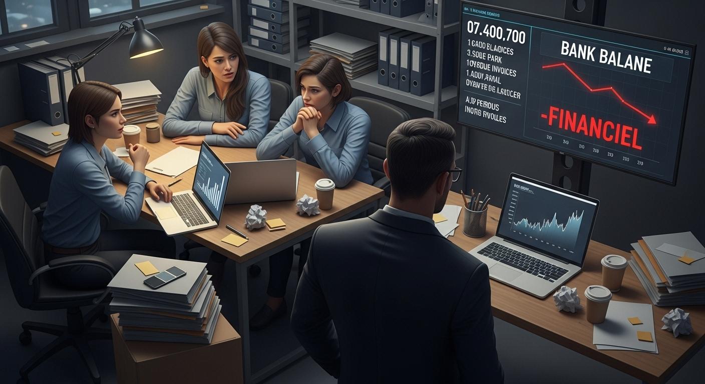 Une petite équipe de bureau fatiguée, entourée de piles de dossiers et d’ordinateurs, échangeant des regards inquiets alors que le dirigeant contemple un écran affichant un solde bancaire faible et des factures impayées.