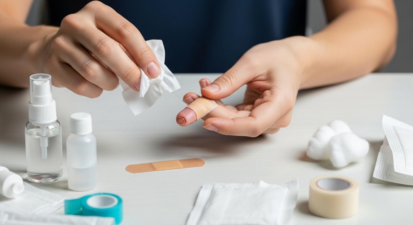 Une personne désinfecte soigneusement un doigt blessé, avec un pansement stérile prêt à être posé sur un ongle tombé, sur une table propre avec des produits de soin.
