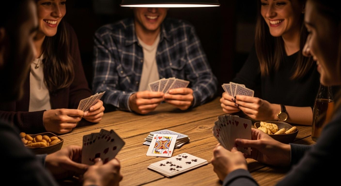 Un paquet de cartes ouvert sur une table en bois, avec le valet de cœur placé bien en évidence, entouré de joueurs concentrés et souriants lors d'une partie de cartes entre amis.
