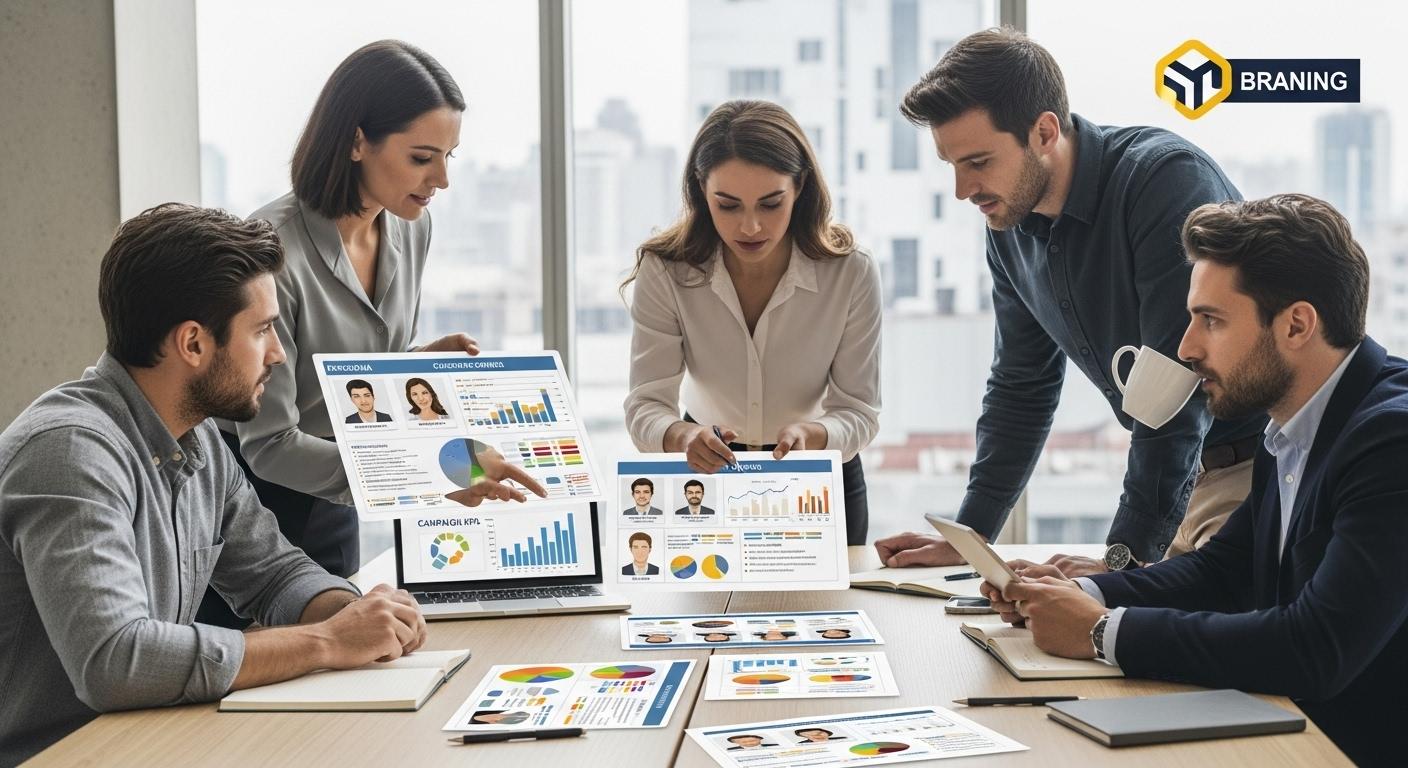 Quatre membres d'une équipe marketing, réunis autour d'une table, consultent des fiches persona illustrées par des photos et des graphiques colorés, concentrés sur l'analyse des profils clients pour préparer une campagne.