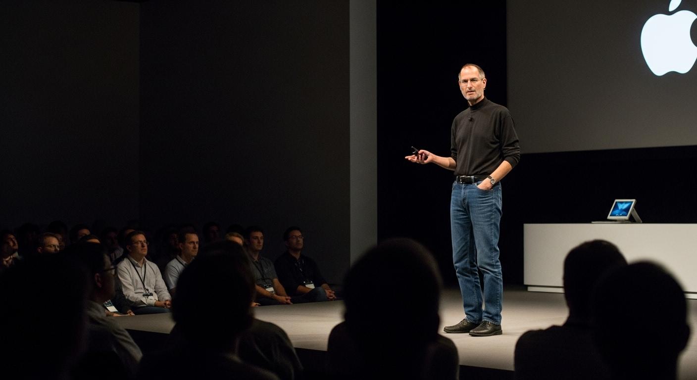 Steve Jobs, en jean et col roulé noir, debout sur scène devant un public captivé, un projecteur sur lui, incarnant le charisme et la détermination malgré une apparence ordinaire