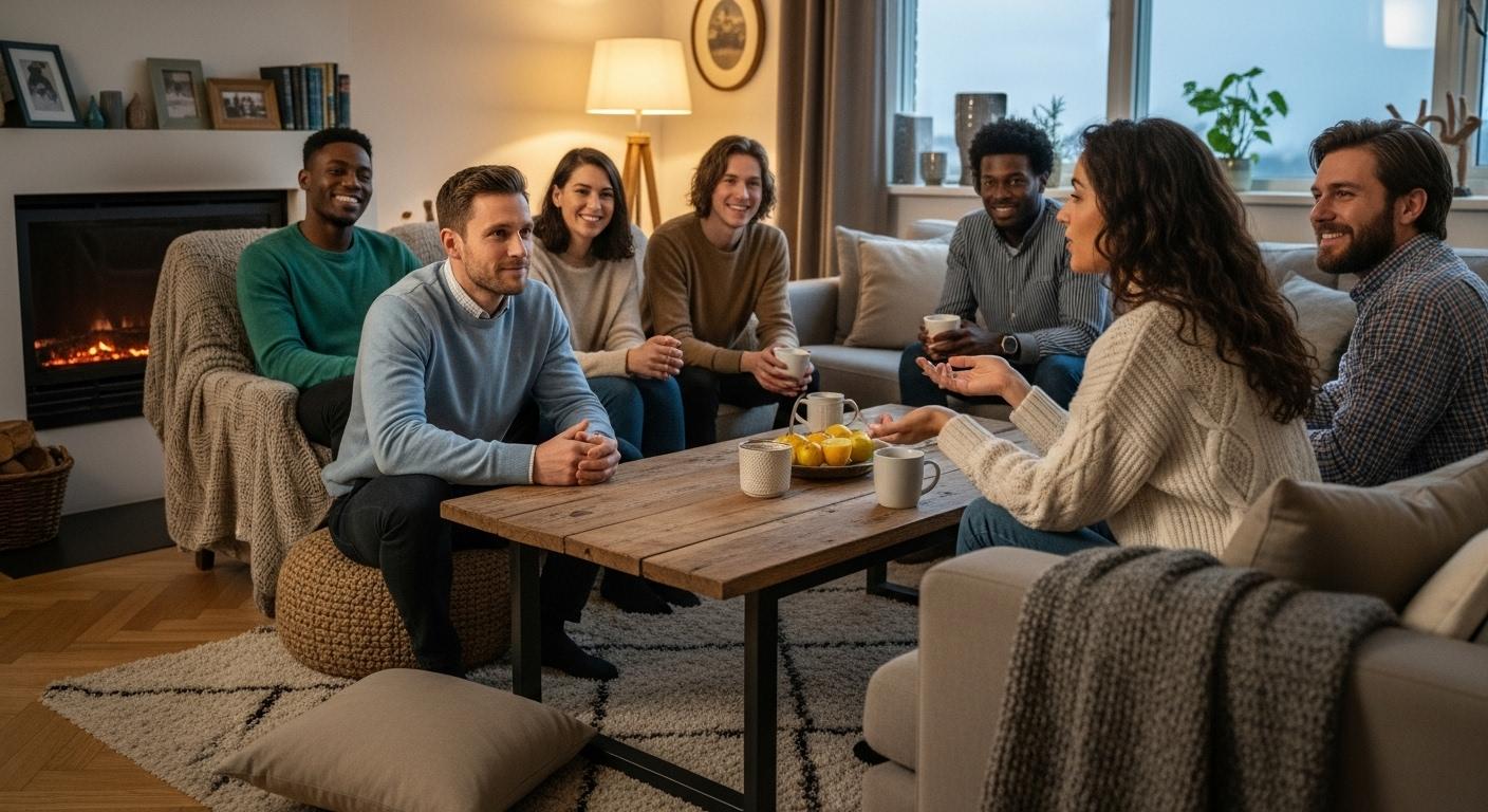 Un groupe d'amis réunis autour d'une table dans un salon chaleureux, Antoine écoute attentivement une femme qui parle, son expression est calme et sincère, les autres participants sourient et semblent détendus.