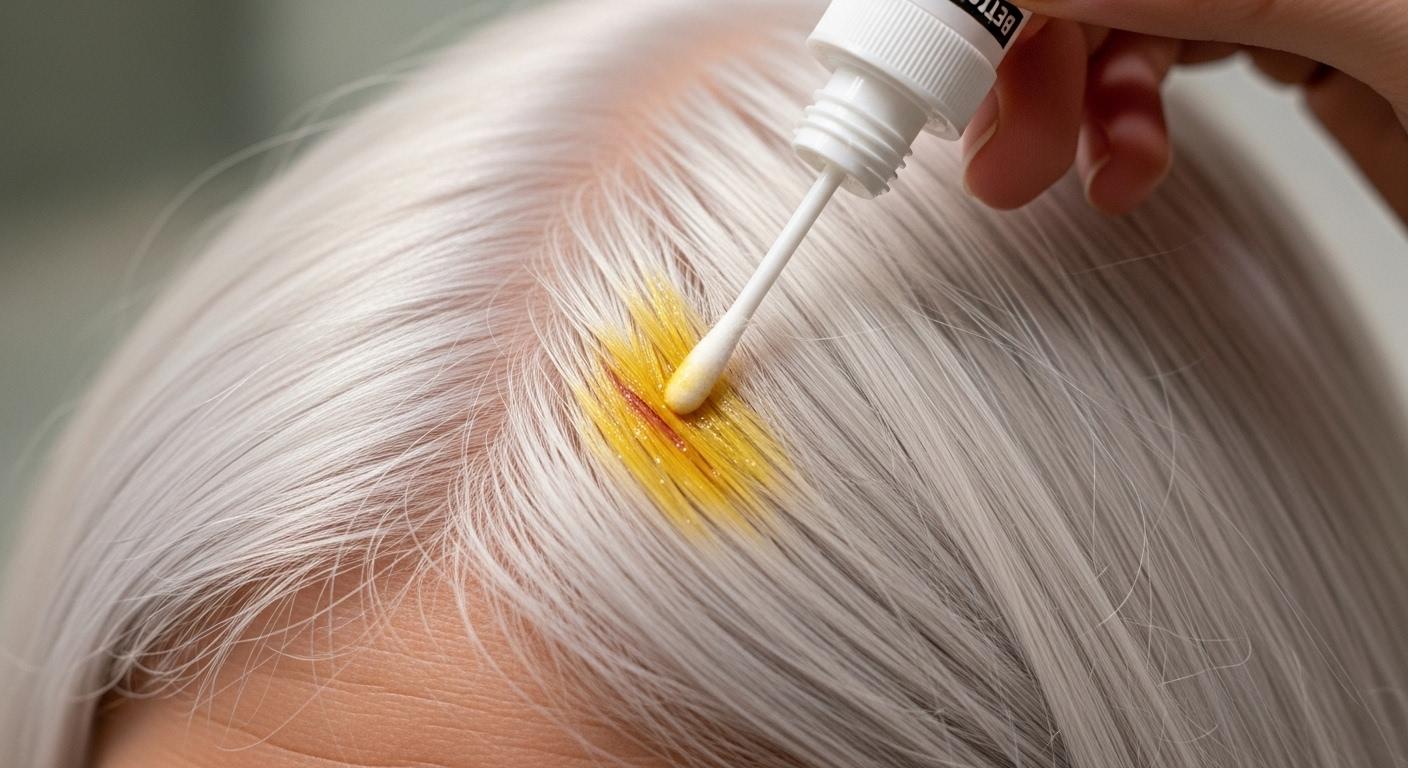 Une main applique de la bétadine sur une petite égratignure du cuir chevelu, des cheveux blancs prennent aussitôt une teinte jaune-orange sous la lumière de la salle de bain