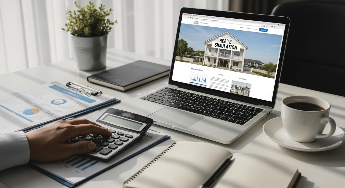 Une main posée sur une calculatrice posée à côté de documents bancaires et d’un ordinateur portable ouvert sur un site de simulation immobilière, avec une tasse de café et un carnet de notes, dans une lumière naturelle de bureau.
