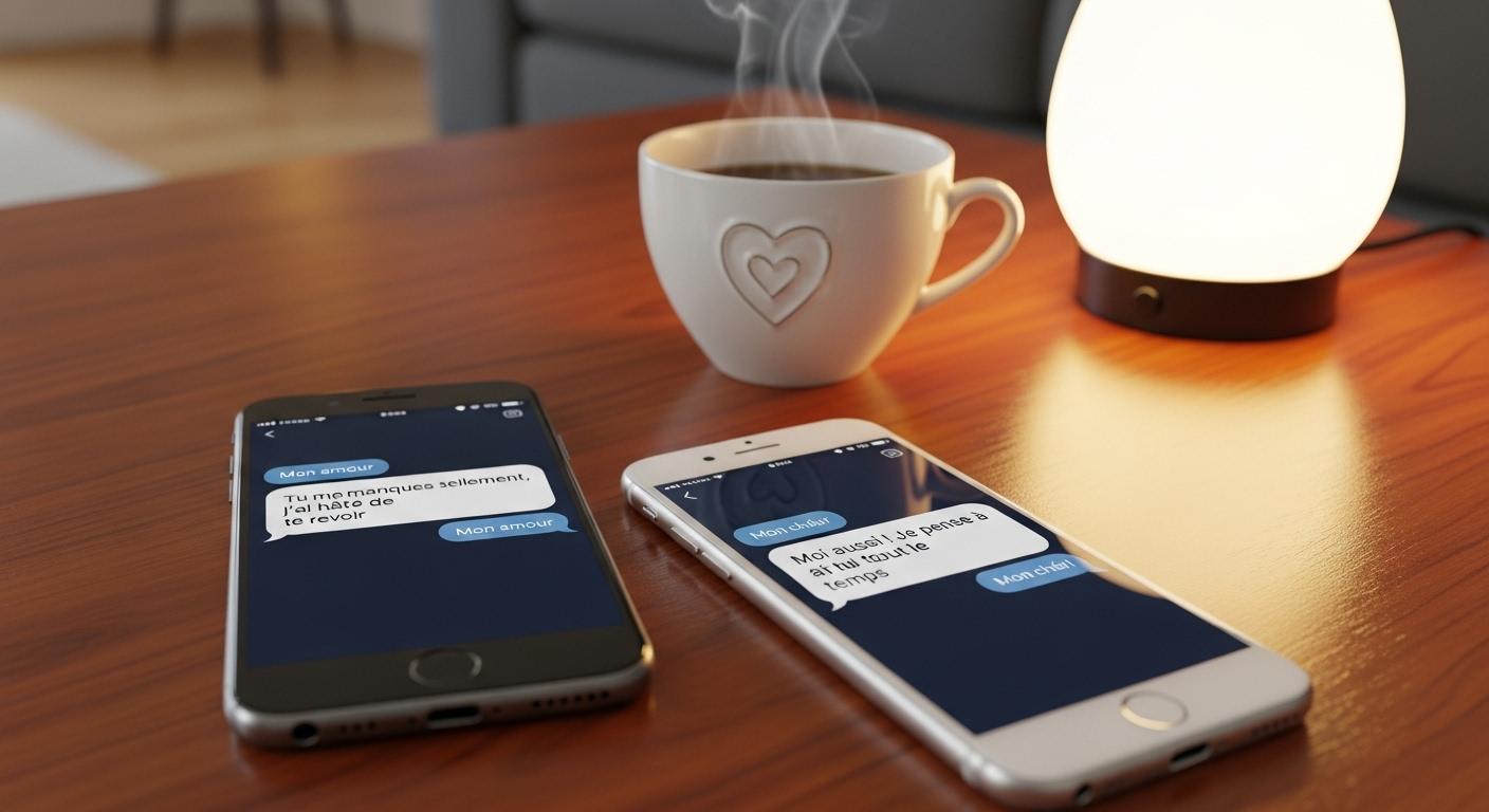 Deux téléphones posés sur une table de salon, chacun affichant une conversation de messages tendres, avec une tasse de thé à côté et une lumière douce, symbolisant la connexion à distance entre deux personnes