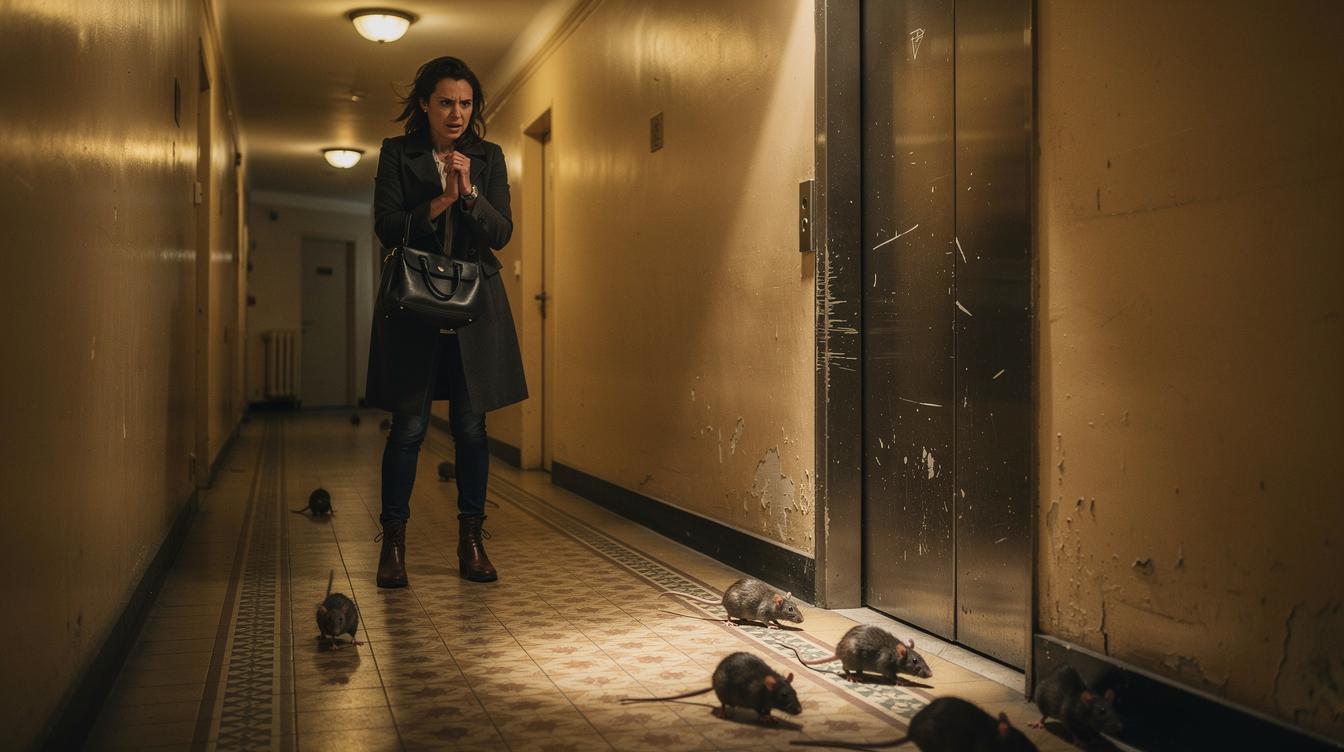 Un couloir d’immeuble parisien faiblement éclairé, des rats traversant furtivement le sol près d’un ascenseur, une femme au visage contrarié tenant son sac devant l’ascenseur, visiblement dérangée.