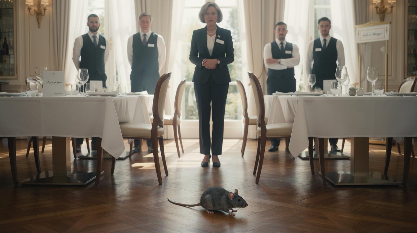 Une salle à manger d'hôtel lumineuse, des tables dressées désertées par des clients, tandis qu'une petite souris grise traverse le parquet sous le regard inquiet de la directrice et du personnel immobile, l'ambiance empreinte de tension.