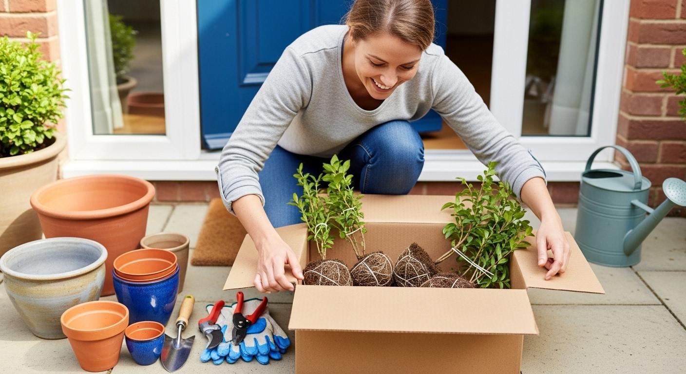 Une cliente souriante en train d’ouvrir un grand carton sur le pas de sa porte, découvrant à l’intérieur des arbustes soigneusement emballés, entourée d’outils de jardinage et de pots prêts à l’emploi.