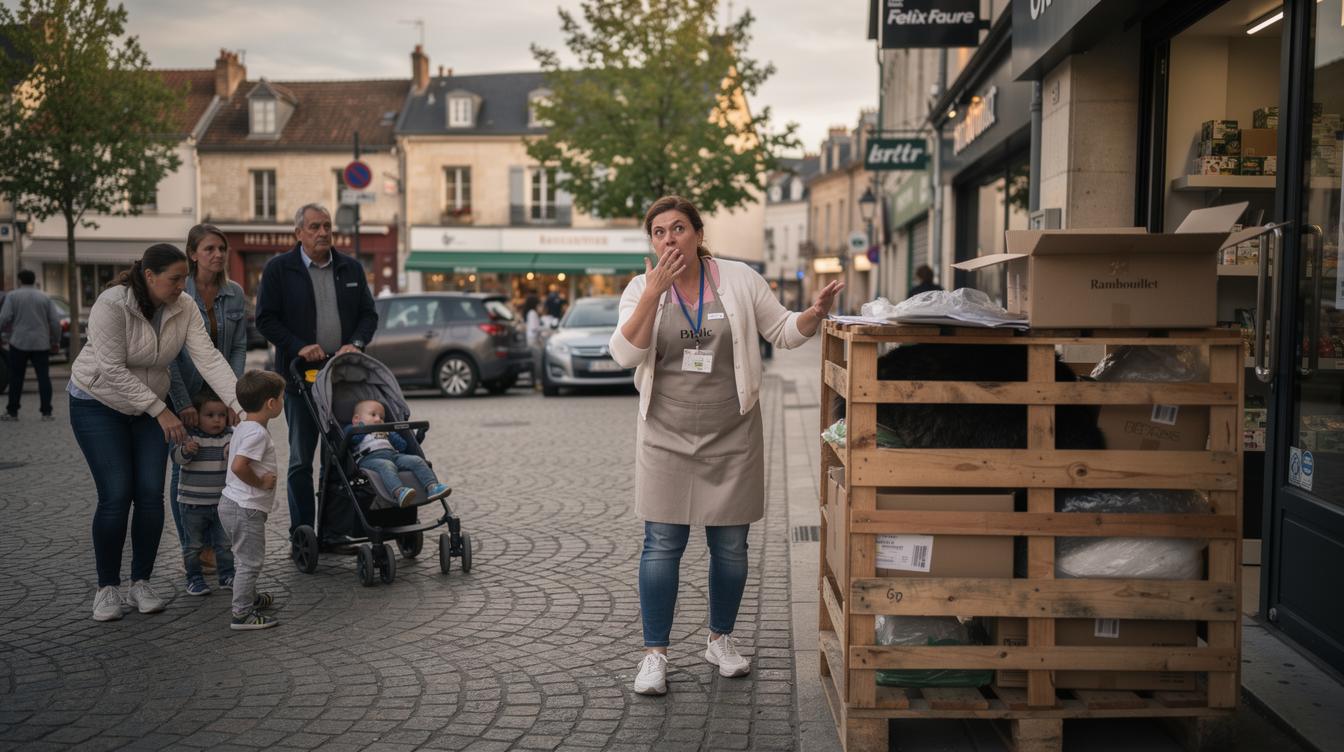 Sur la place Félix Faure à Rambouillet, une commerçante recule effrayée devant une palette de marchandises en extérieur, après avoir senti une fourrure cachée au fond, sous le regard inquiet de passants éloignant leurs enfants