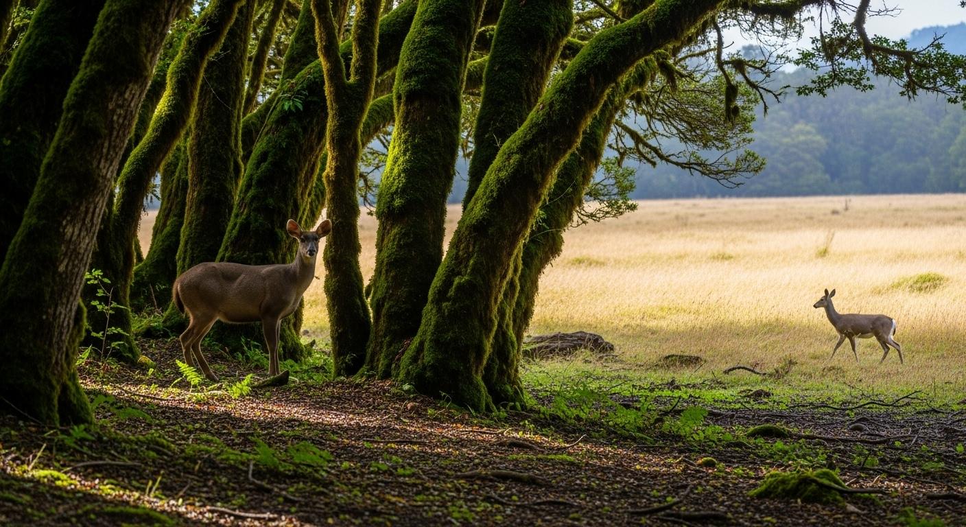 Un huemul timide se tient immobile entre les troncs moussus d’une forêt andine, la lumière filtrant à travers le feuillage humide, tandis qu’au loin, un cerf des pampas traverse discrètement une prairie dorée.
