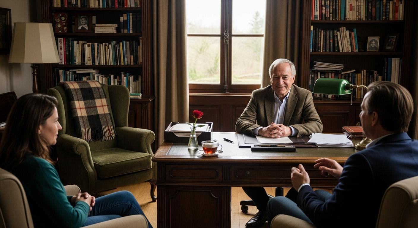 Un bureau chaleureux baigné de lumière, avec des étagères remplies de livres, un fauteuil confortable et un bureau en bois où des visiteurs discutent paisiblement avec Jean Testanière.
