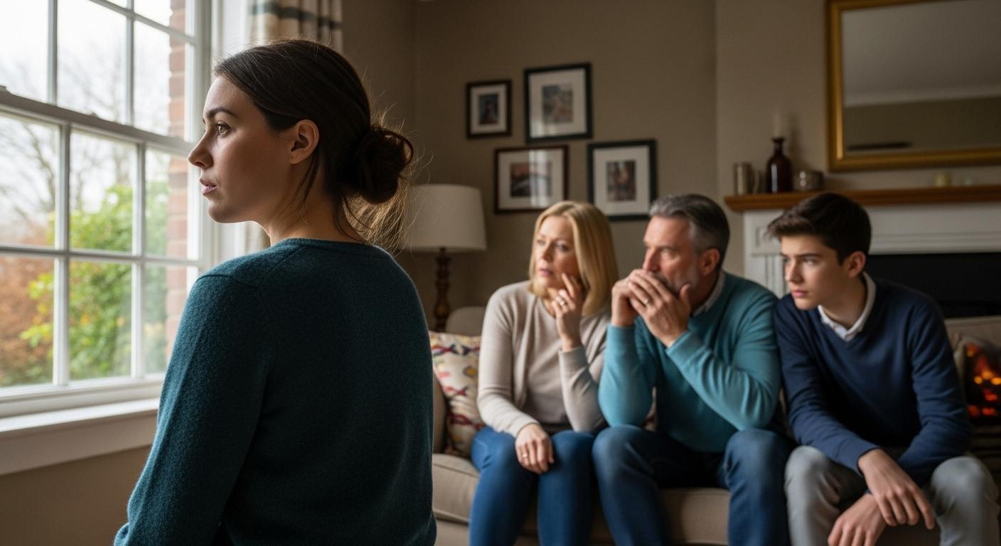 Dans un salon familial, une jeune femme regarde par la fenêtre d’un air absent tandis que sa famille, assise derrière elle, échange des regards inquiets et chuchote à voix basse, l’atmosphère étant empreinte de tension et d’incompréhension.