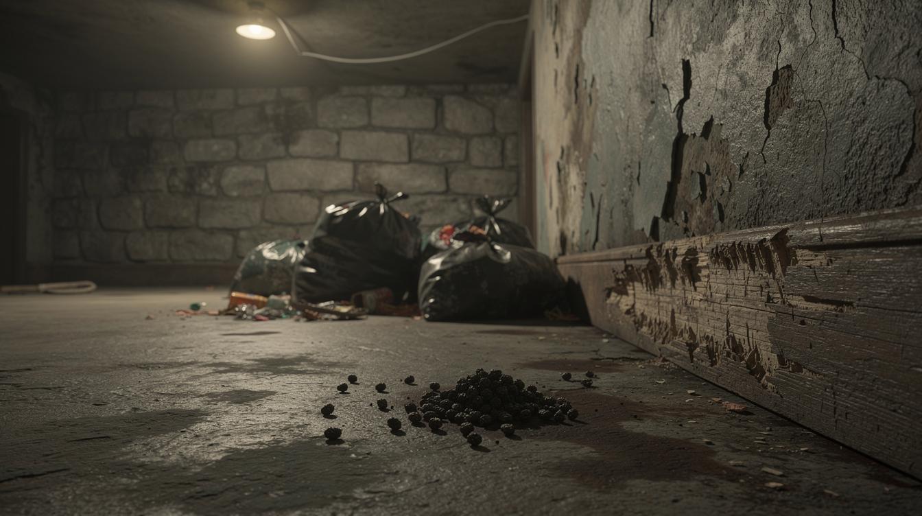Une cave sombre d'immeuble ancien, avec au sol un petit tas de crottes sombres, des sacs poubelles mal fermés et des traces de grignotage visibles sur une plinthe en bois