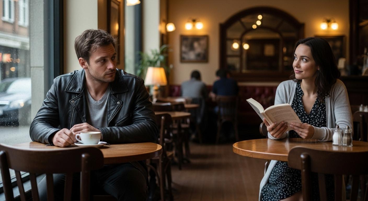Un homme assis seul dans un café observe discrètement une femme à une autre table, tandis que leurs regards se croisent brièvement.
