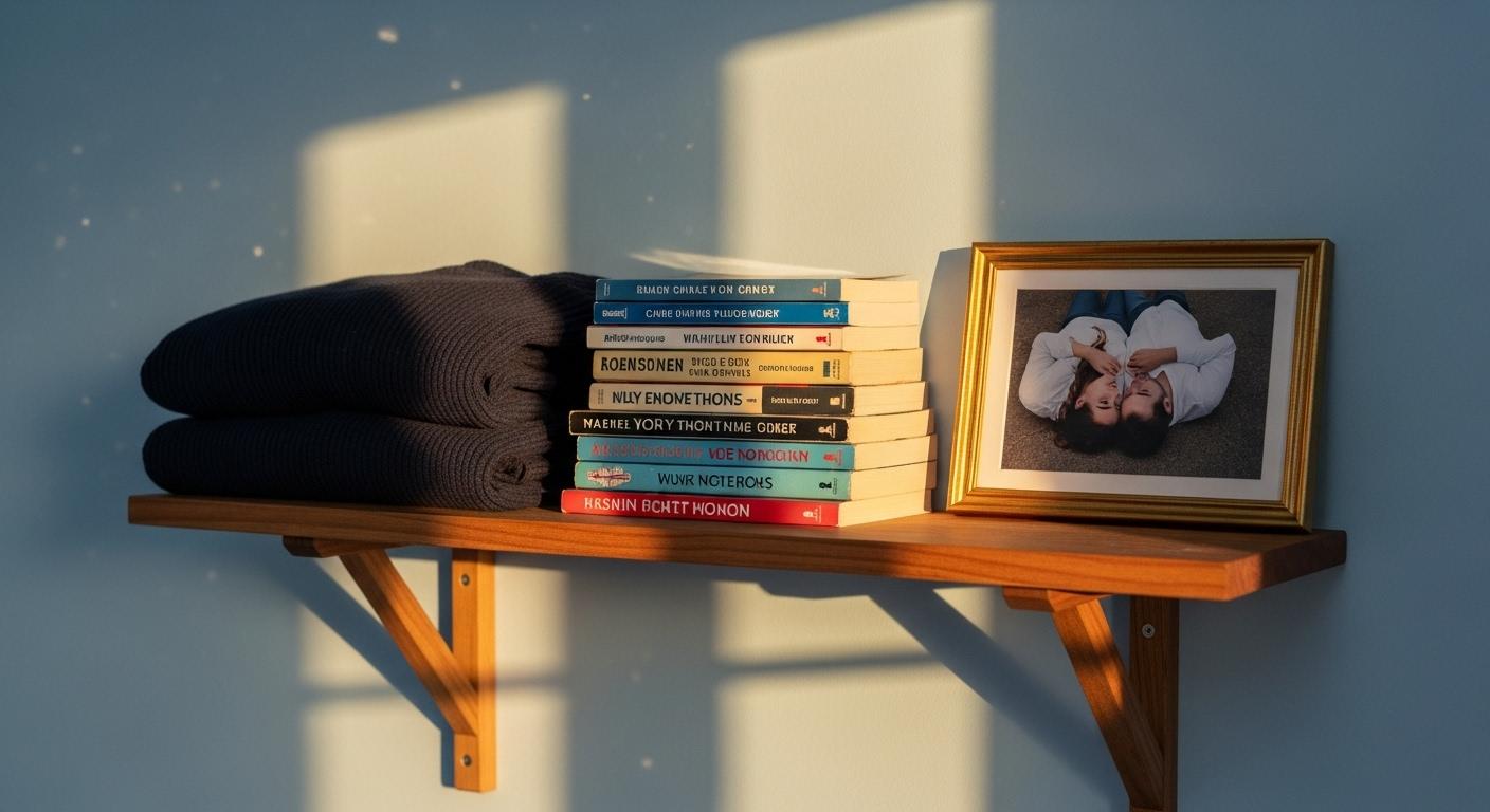 Une étagère dans une chambre avec des objets personnels restés sur place, comme un pull plié, des livres et une photo de couple retournée, baignés dans une lumière douce de fin d'après-midi.