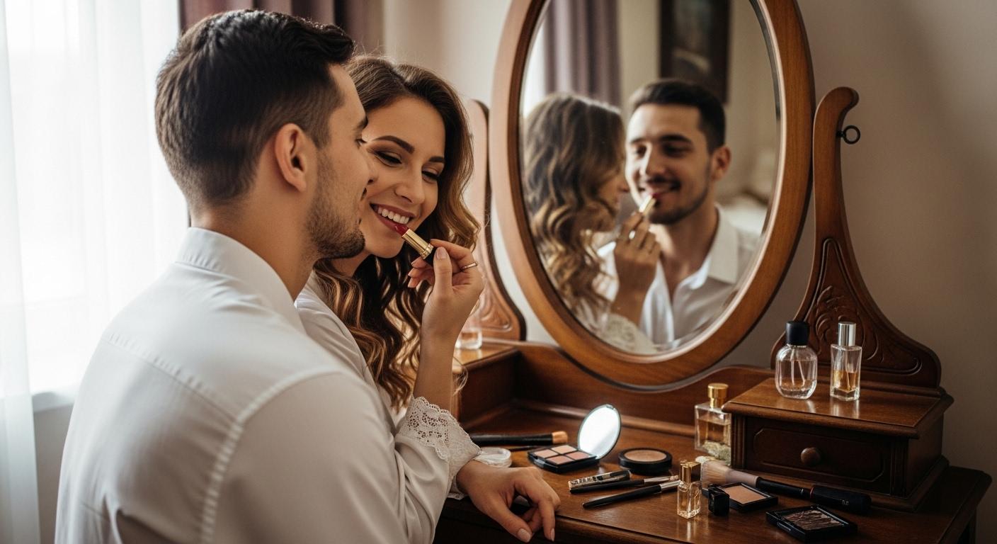 Un couple assis côte à côte devant une coiffeuse, la femme applique délicatement du rouge à lèvres sur son partenaire, un miroir reflétant leurs sourires complices