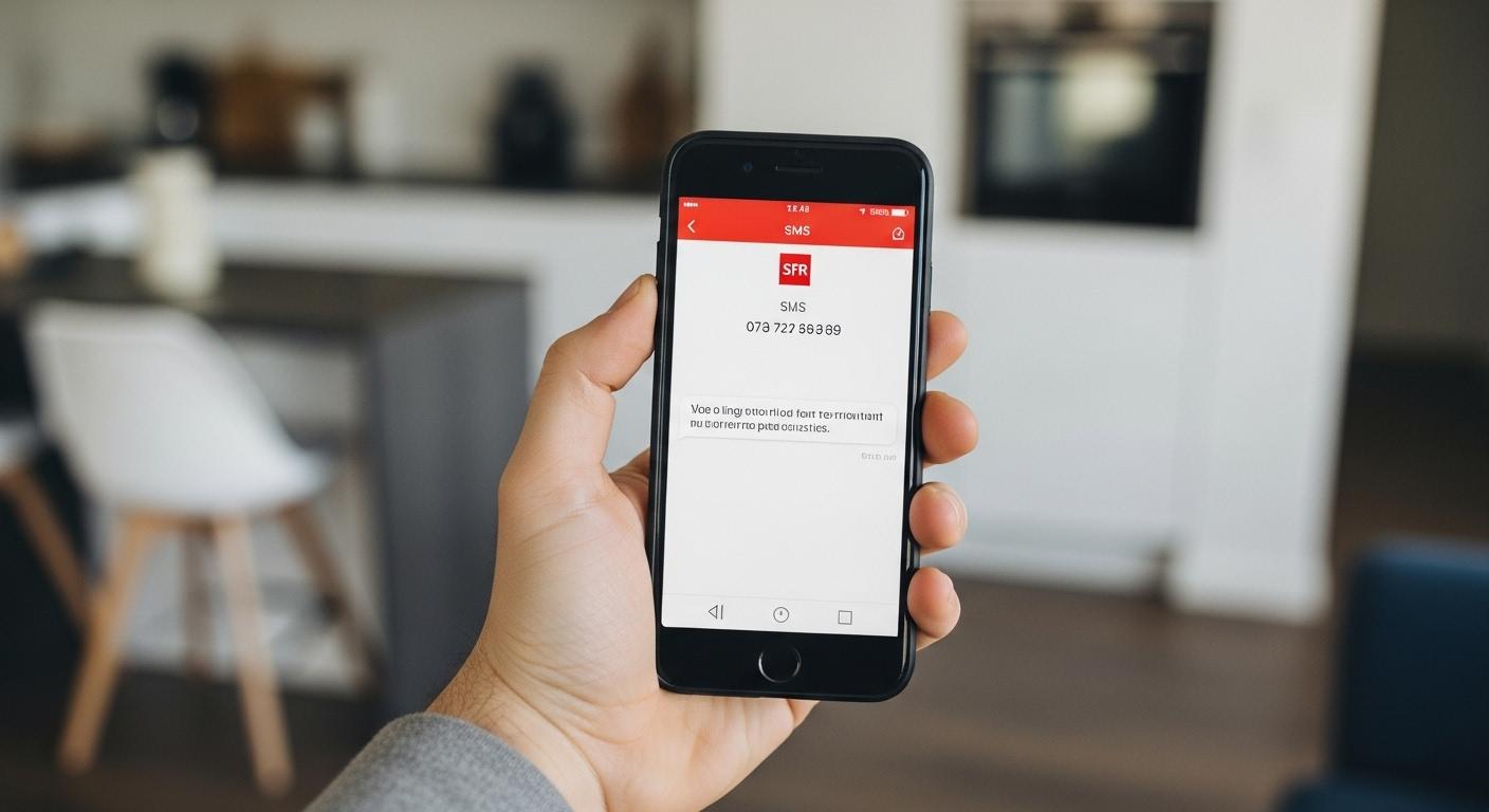 Une main tenant un téléphone portable, l’écran affichant un SMS reçu de SFR avec le numéro de téléphone, dans un environnement quotidien, comme une cuisine ou un salon moderne.