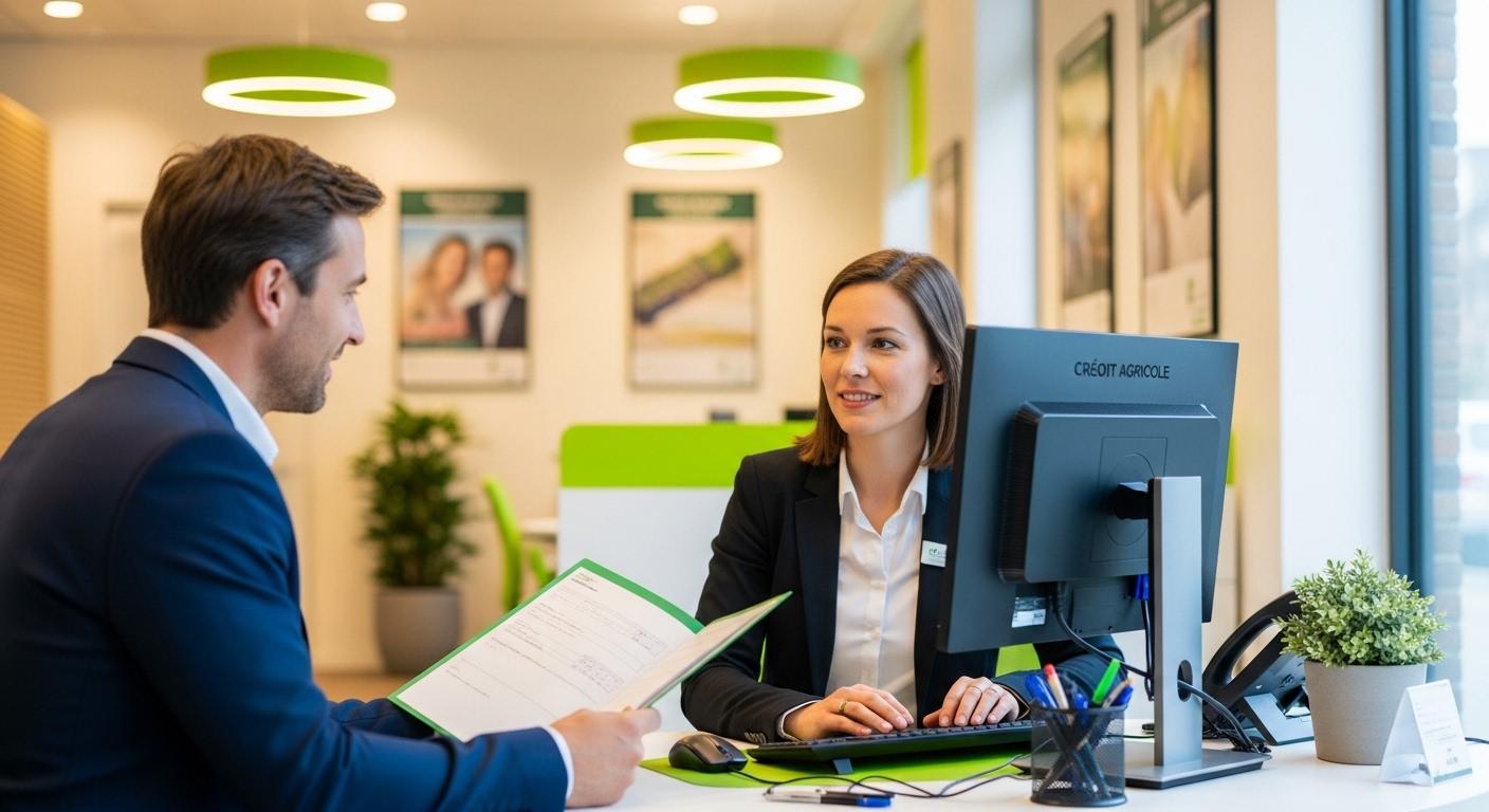 Un client assis en face d’un conseiller Crédit Agricole dans une agence, tenant un dossier, tandis que le conseiller consulte l’ordinateur pour vérifier l’état d’avancement du chéquier, ambiance professionnelle et rassurante.