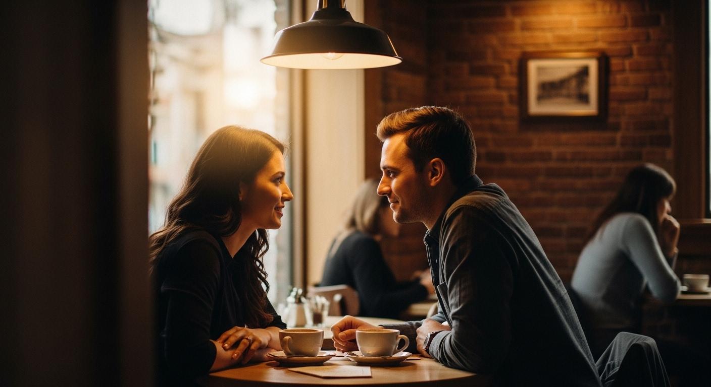 Un couple se tient face à face lors d'un rendez-vous dans un café tamisé, leurs regards plongés l’un dans l’autre, tous deux souriants, tandis qu’une atmosphère chaleureuse et complice les entoure.