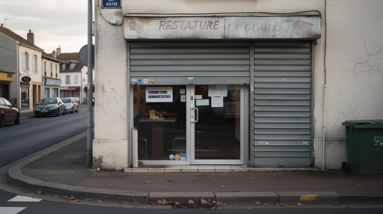 Un restaurant fermé, rideau de fer baissé, panneau « Fermeture administrative » affiché sur la porte, devanture déserte, dans une rue de quartier typique de Taverny.