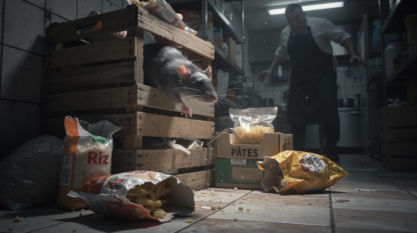 Un rat gris au museau pointu surgit d'un tas de caisses dans une arrière-cuisine sombre, des paquets de nourriture entamés posés autour, ambiance de surprise et d'alerte chez un commerçant.