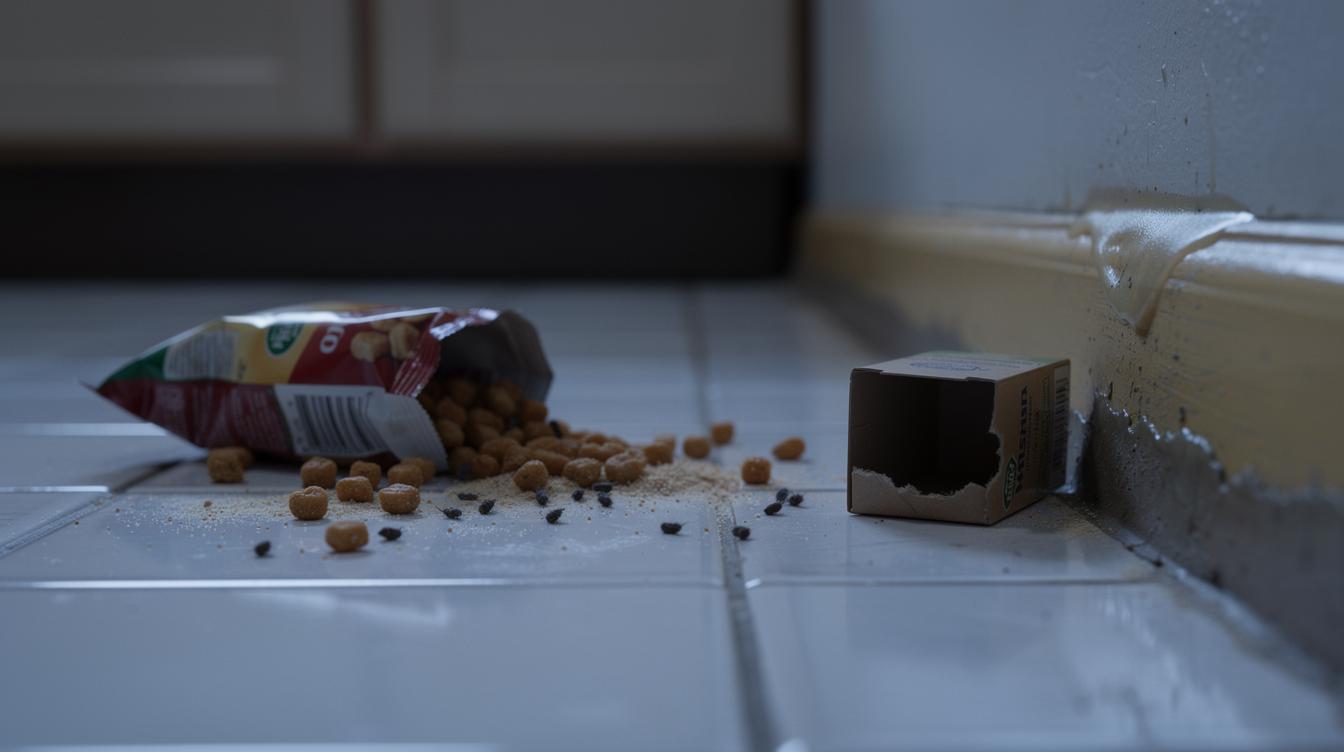 Au petit matin, sur le carrelage blanc d'une cuisine, des crottes sombres et minuscules sont visibles au pied d'un sac d'aliments renversé, tandis qu'une boîte légèrement mordillée traîne près d'une plinthe où l'on distingue une courte traînée grasse.