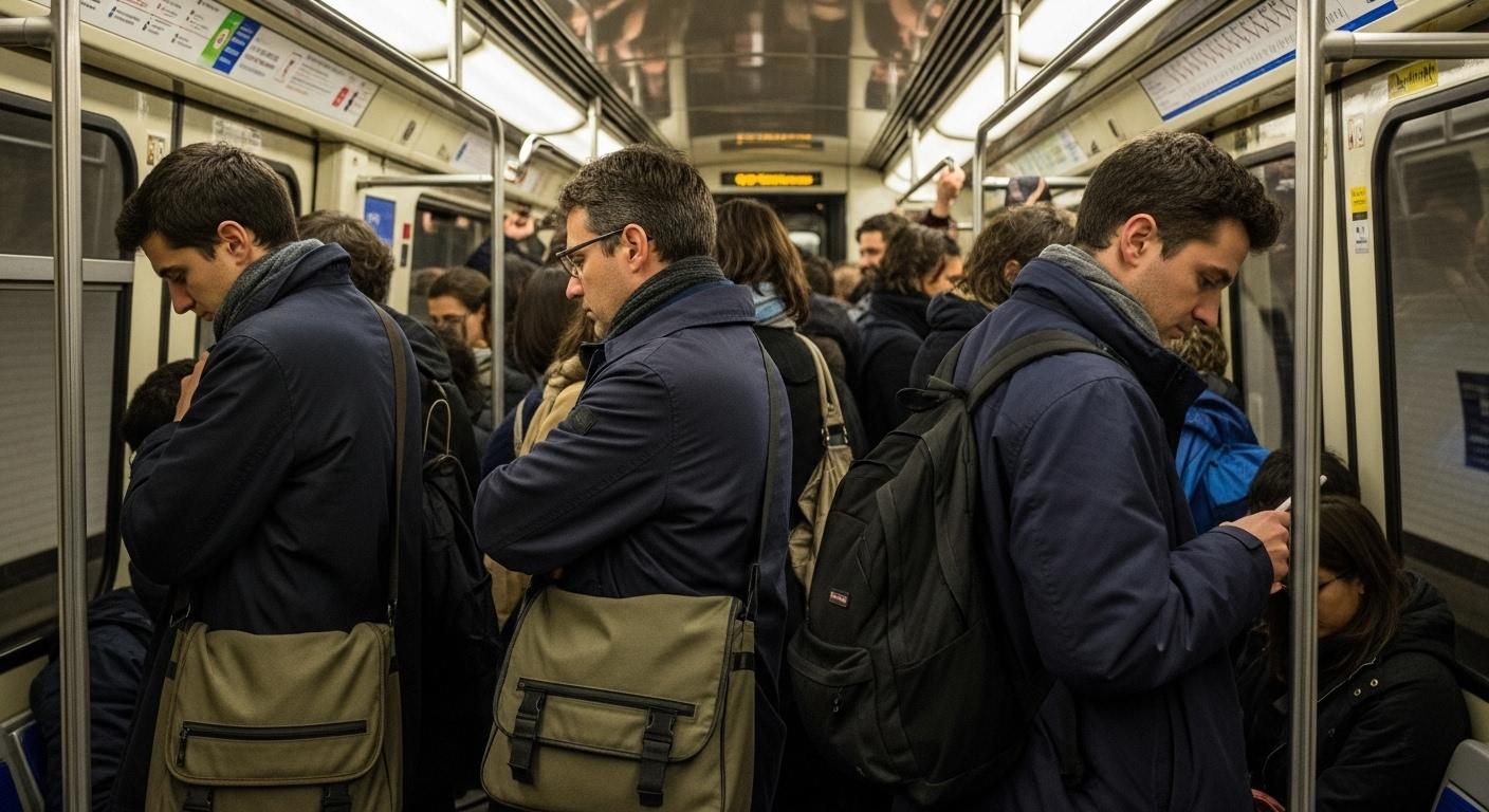 Scène réaliste d'une rame de métro parisien à l'heure de pointe en automne, des voyageurs debout, certains portent une sacoche en bandoulière, d'autres un sac à dos, les épaules tendues, regards fatigués, ambiance urbaine pressée