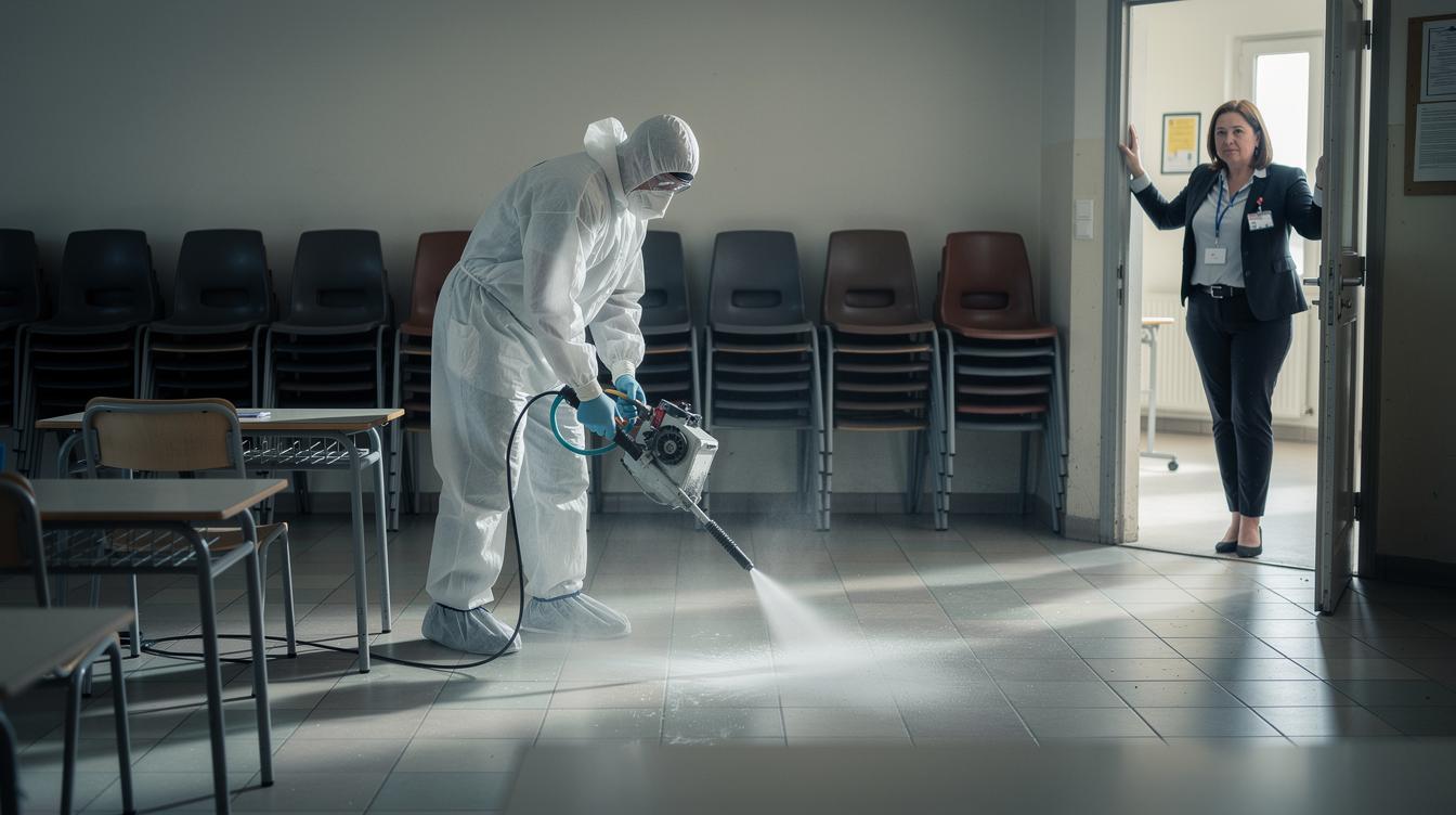Une salle de classe fermée avec des chaises empilées, un technicien en combinaison traite le sol pendant que la directrice regarde à la porte, dans une ambiance de vigilance rassurante