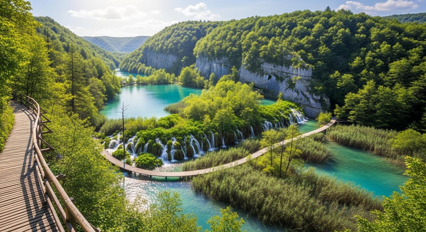 Vue panoramique d’un sentier sur pilotis serpentant au-dessus de lacs turquoise et de cascades entourés de forêts verdoyantes dans le parc national de Plitvice, sous le soleil.