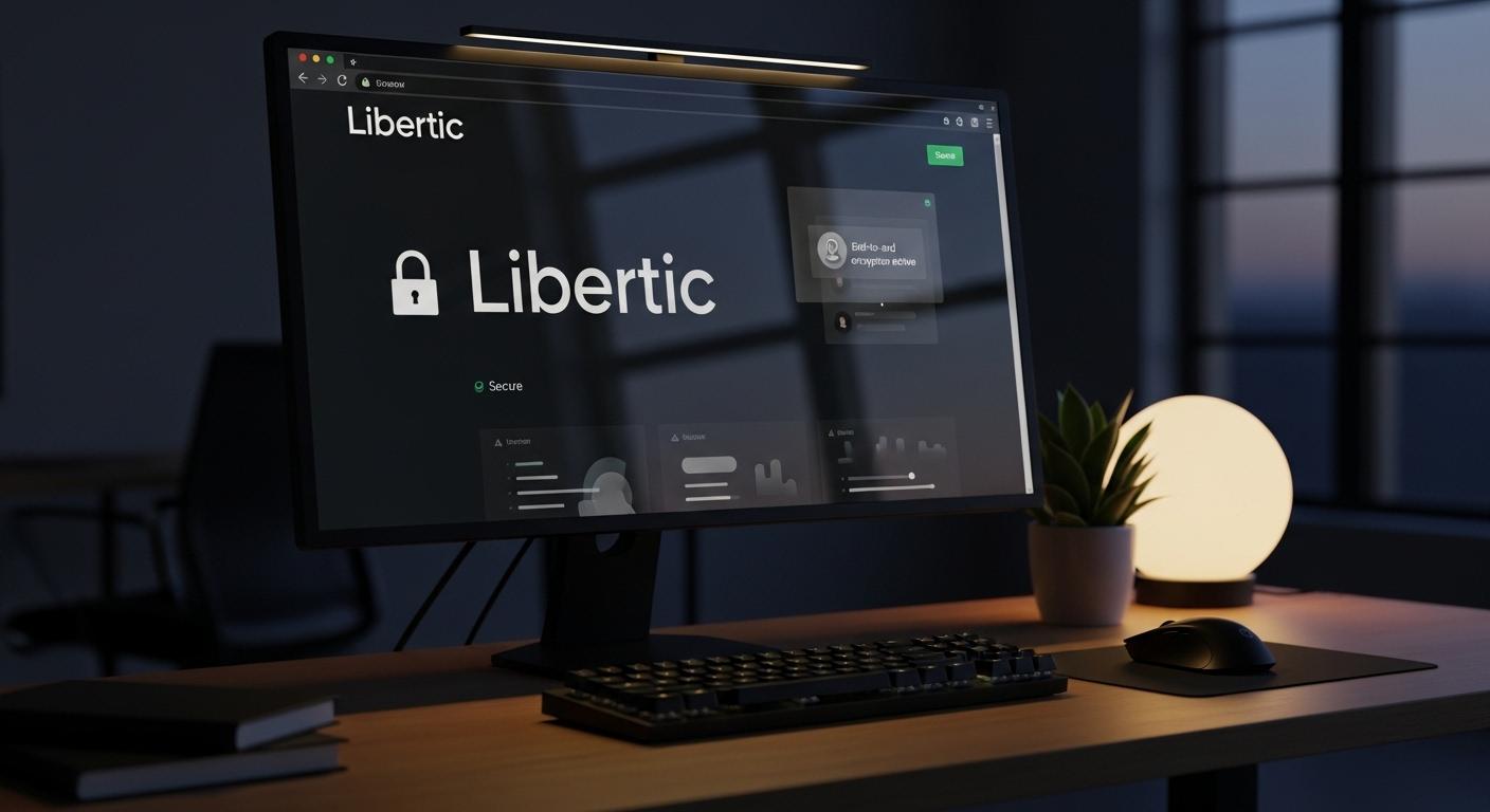 Vue d’un écran d’ordinateur affichant le site Libertic, avec une interface épurée et des éléments de sécurité visibles, dans une atmosphère feutrée de bureau moderne
