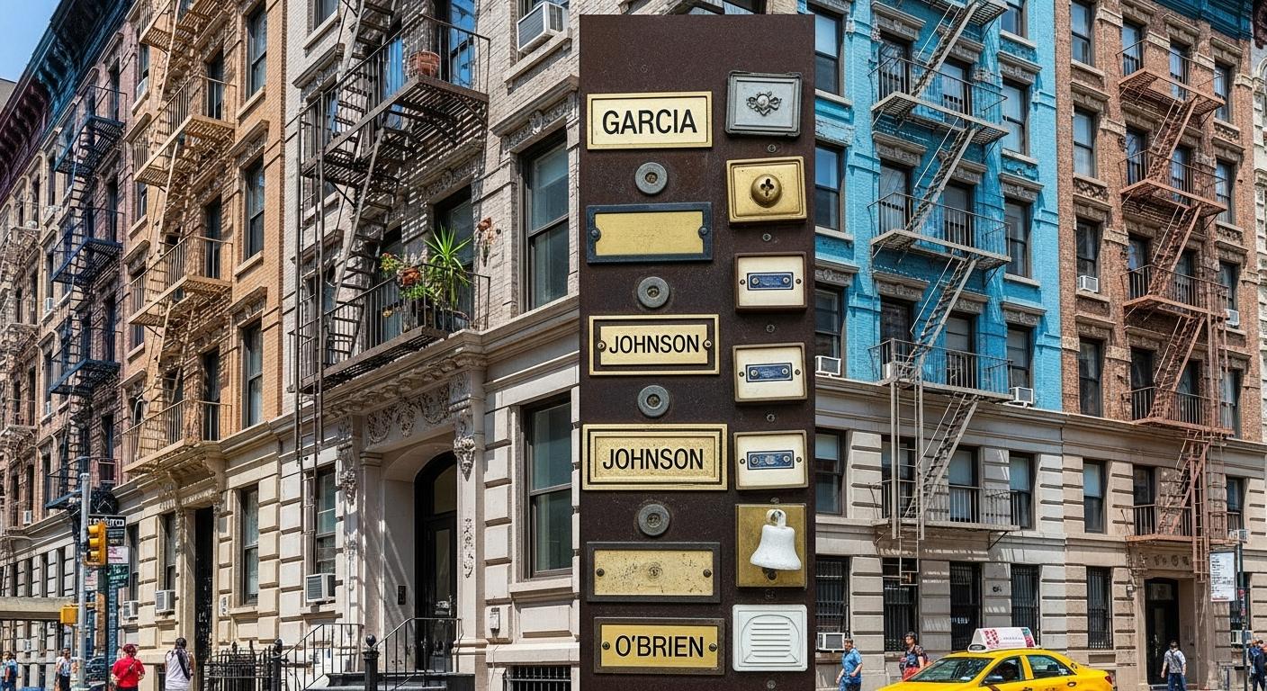 Façade colorée d’un immeuble new-yorkais avec plusieurs sonnettes portant des noms de famille variés comme Garcia, Johnson et O’Brien, illustrant la diversité culturelle d’un quartier urbain américain animé.