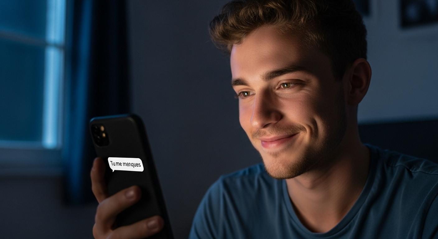 Un jeune homme sourit tendrement devant son smartphone dans la lumière tamisée de sa chambre, le téléphone à la main affichant un message "Tu me manques", alors que la nuit est déjà tombée dehors