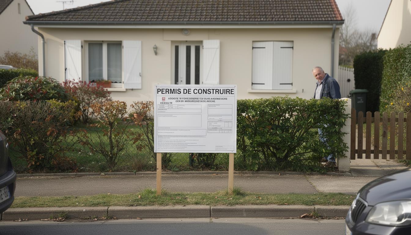 Panneau d'affichage de permis de construire planté devant une maison
