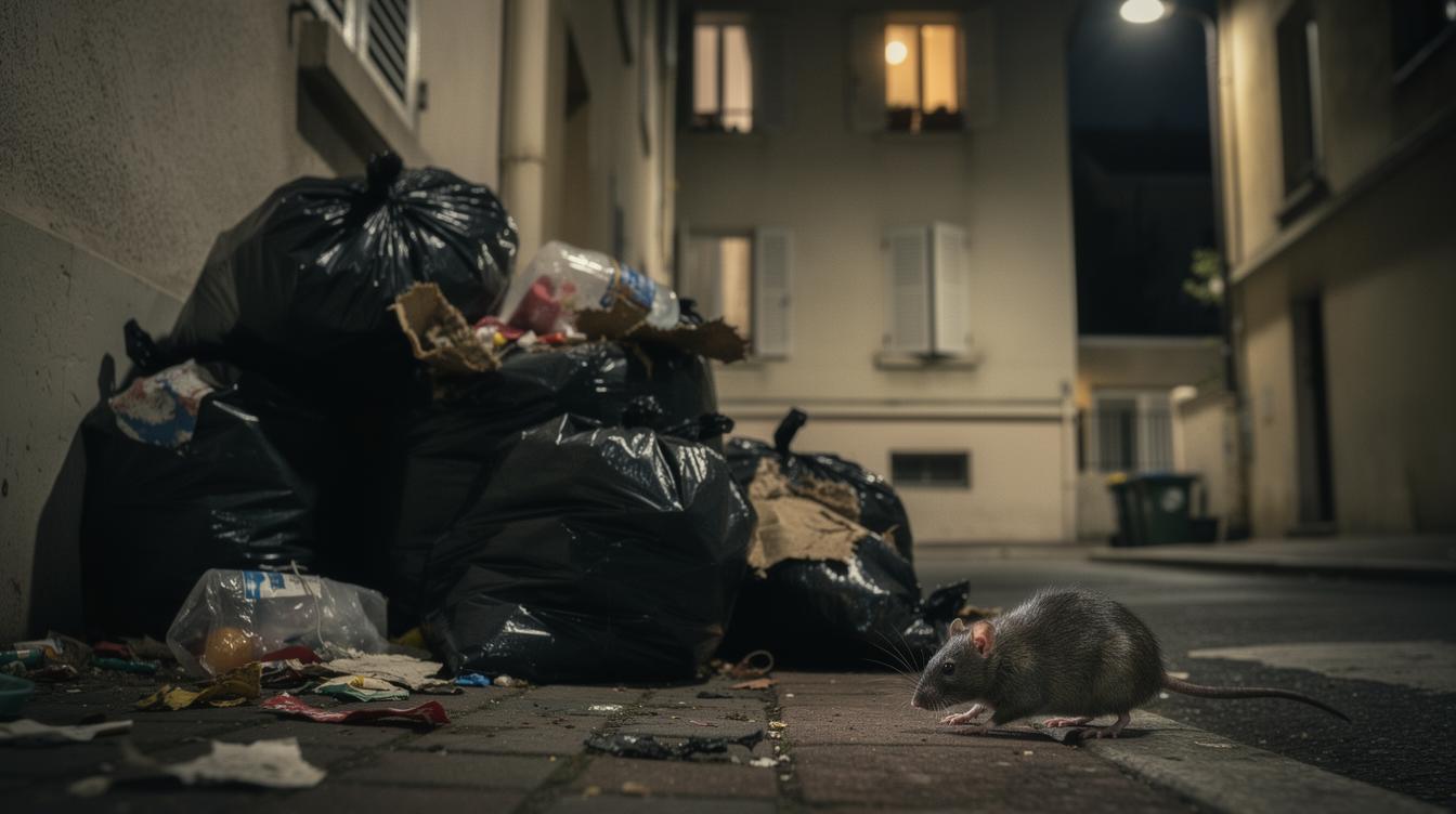 Des sacs-poubelle débordants au pied d'un immeuble résidentiel à Neuilly-Plaisance, avec un rat qui fouille les déchets dans la pénombre d'une ruelle urbaine.