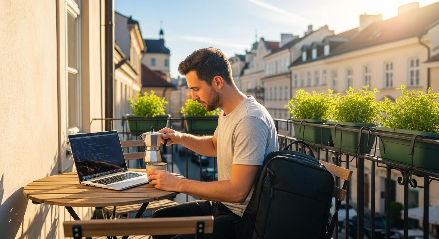 Un digital nomad assis sur une terrasse ensoleillée, ordinateur portable ouvert devant lui, préparant un café avec une petite cafetière portative, sac à dos posé à côté, ambiance de matinée paisible en ville.