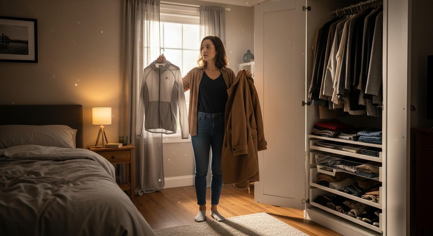 Une femme debout devant son armoire, hésitant entre une veste légère et un manteau, tandis qu'un rayon de soleil entre par la fenêtre d'une chambre.