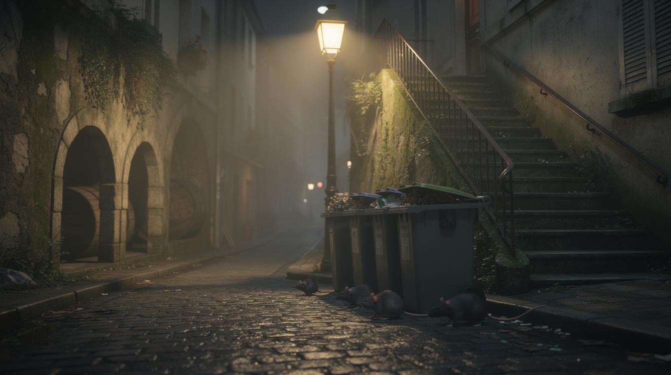 Vue nocturne d'une ruelle de Joinville-le-Pont avec des caves anciennes, des escaliers moussus et des rats qui se faufilent discrètement près des poubelles sous un réverbère.