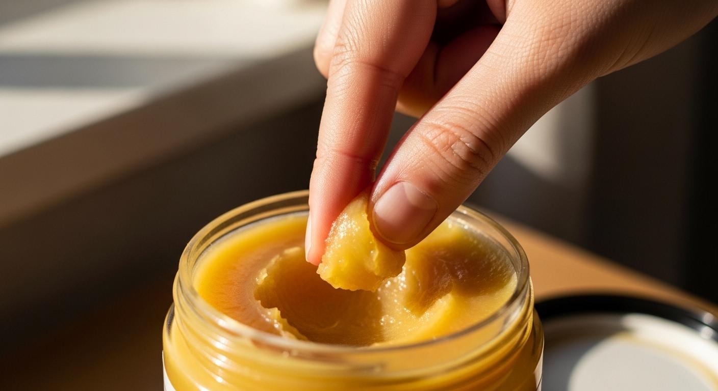 Un gros plan sur une main qui prélève un peu de baume jaune épais dans un pot ouvert, la lumière chaude mettant en valeur la texture dense et non grasse de la pâte.