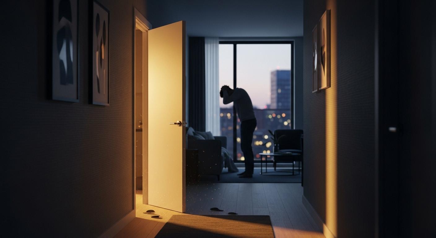 Un couloir d'immeuble, une porte entrouverte laisse passer une lumière, des sons de pas résonnent alors qu'une personne, fatiguée, se tient la tête dans son appartement en haut d'un immeuble moderne.