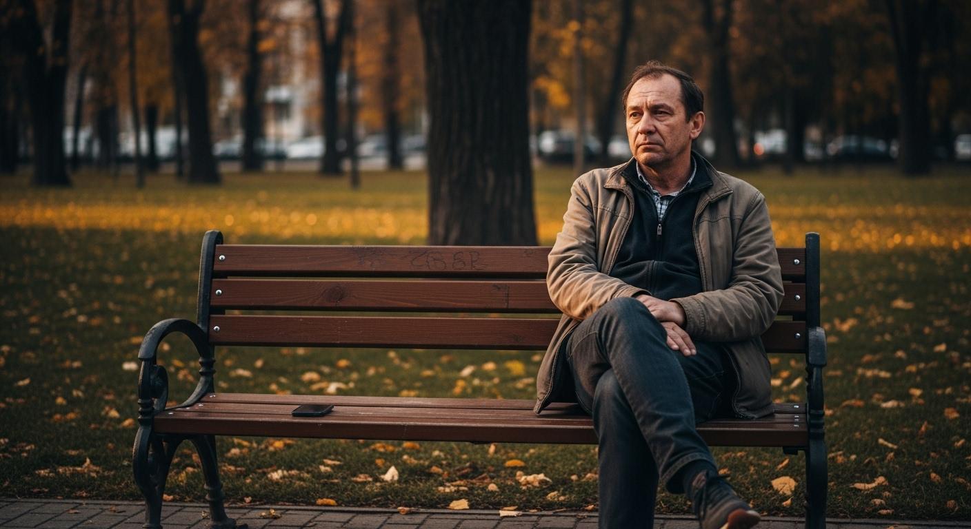 Un homme assis seul sur un banc dans un parc en fin d'après-midi, regardant pensivement devant lui, les épaules légèrement voûtées, un téléphone posé à côté de lui, l'ambiance étant calme et introspective.