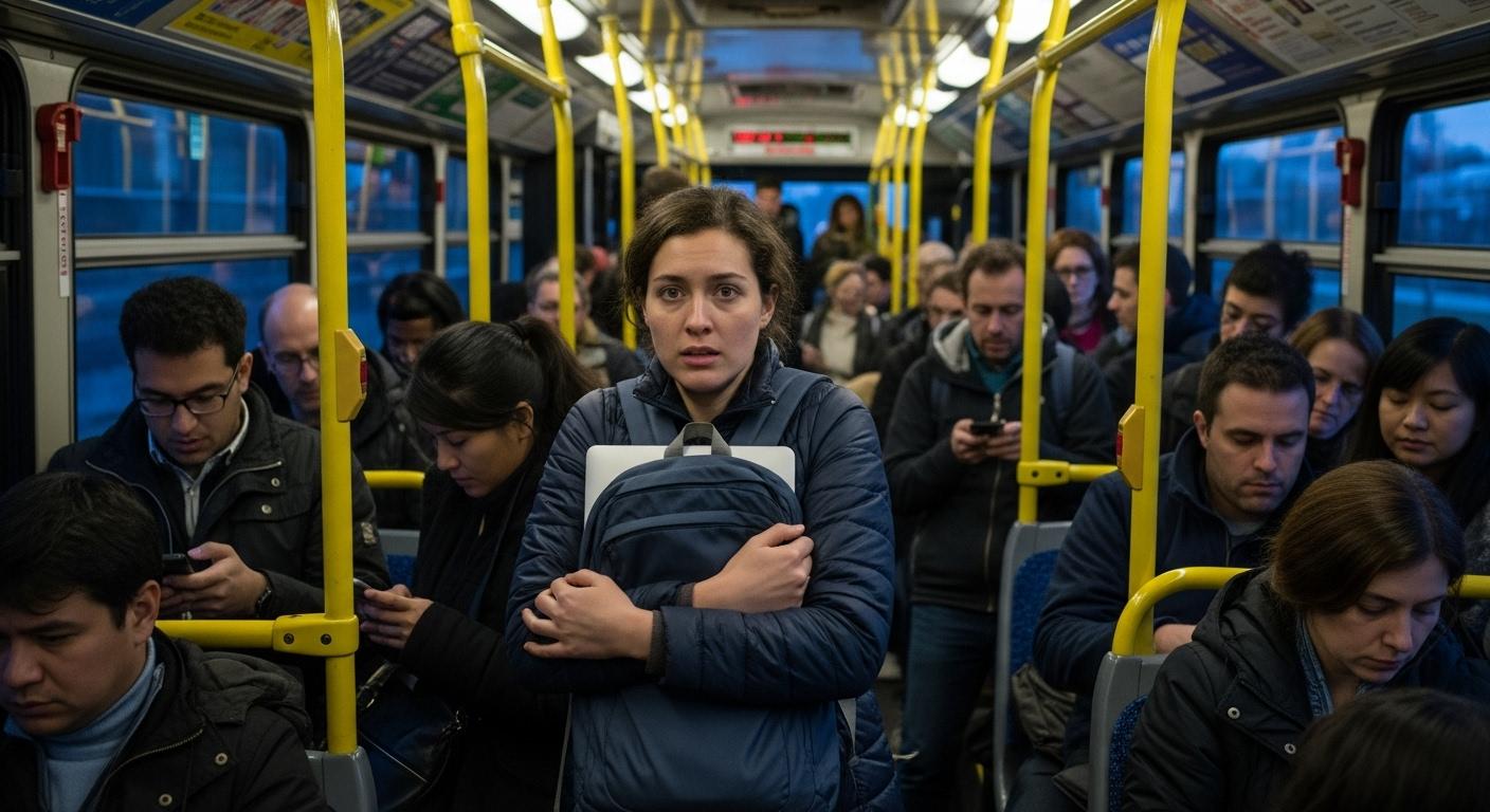 Un jeune actif portant un sac à dos rembourré monte dans un bus bondé au petit matin, entouré de voyageurs et serrant la poignée de son sac pour protéger son ordinateur portable dans la foule.