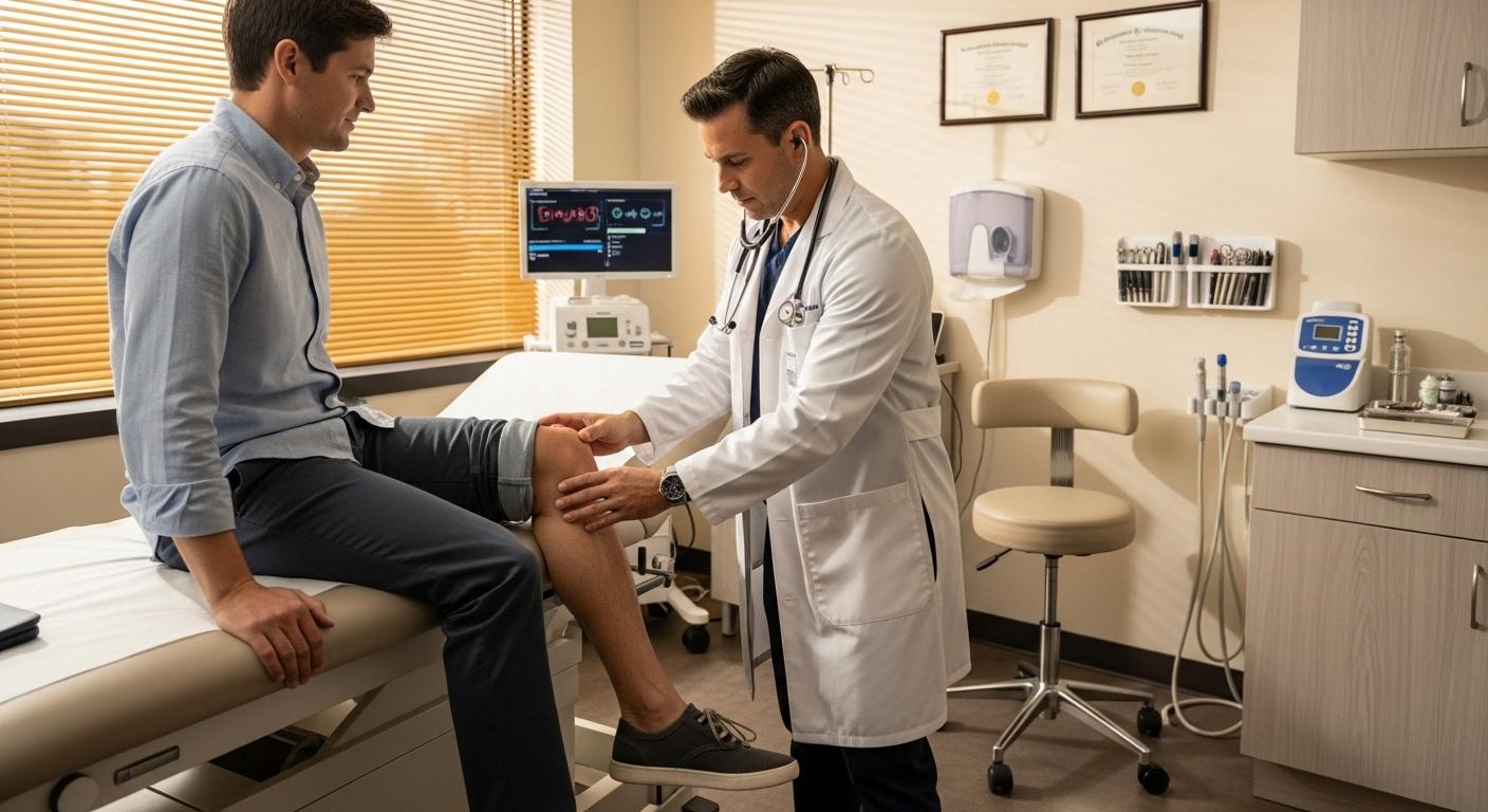 Un patient assis sur une table d’examen, le pantalon légèrement retiré pour laisser voir le genou, pendant qu’un médecin en blouse blanche examine l’articulation avec attention dans un cabinet médical moderne.