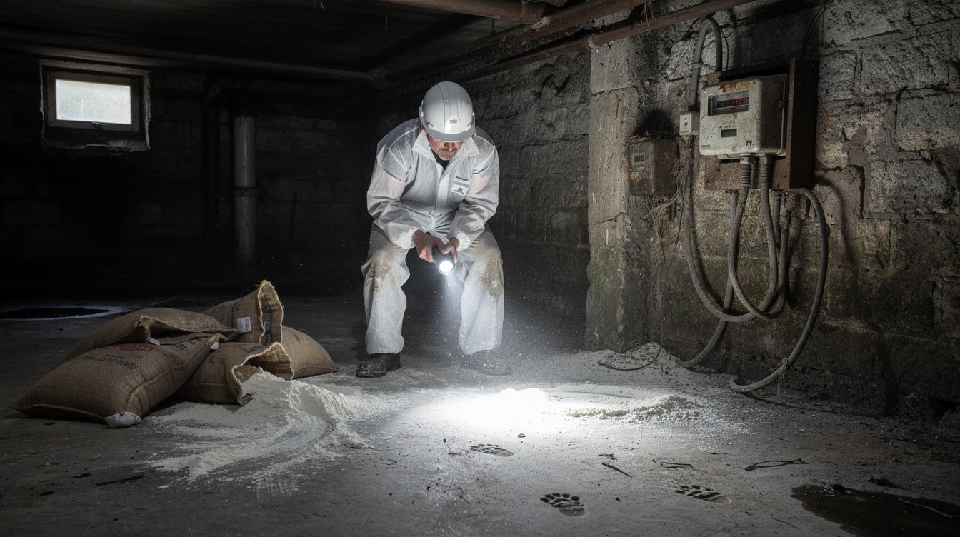 Technicien en combinaison intervenant dans une cave sombre de Joinville-le-Pont, inspectant le sol à la lampe torche près d'un vieux compteur électrique et de sacs de farine éventrés