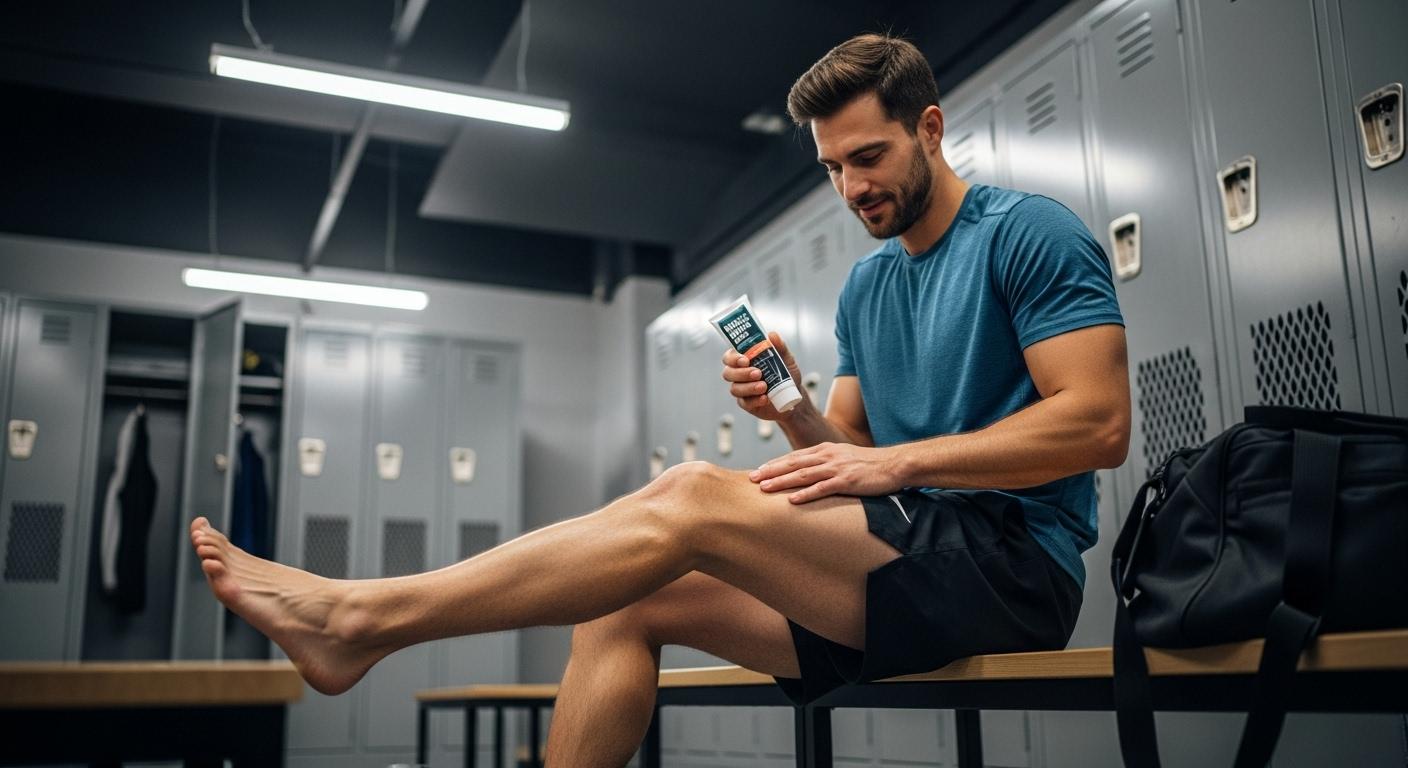 Un sportif applique un baume sur ses jambes dans un vestiaire lumineux, avant une séance d'entraînement, avec une expression concentrée et détendue.