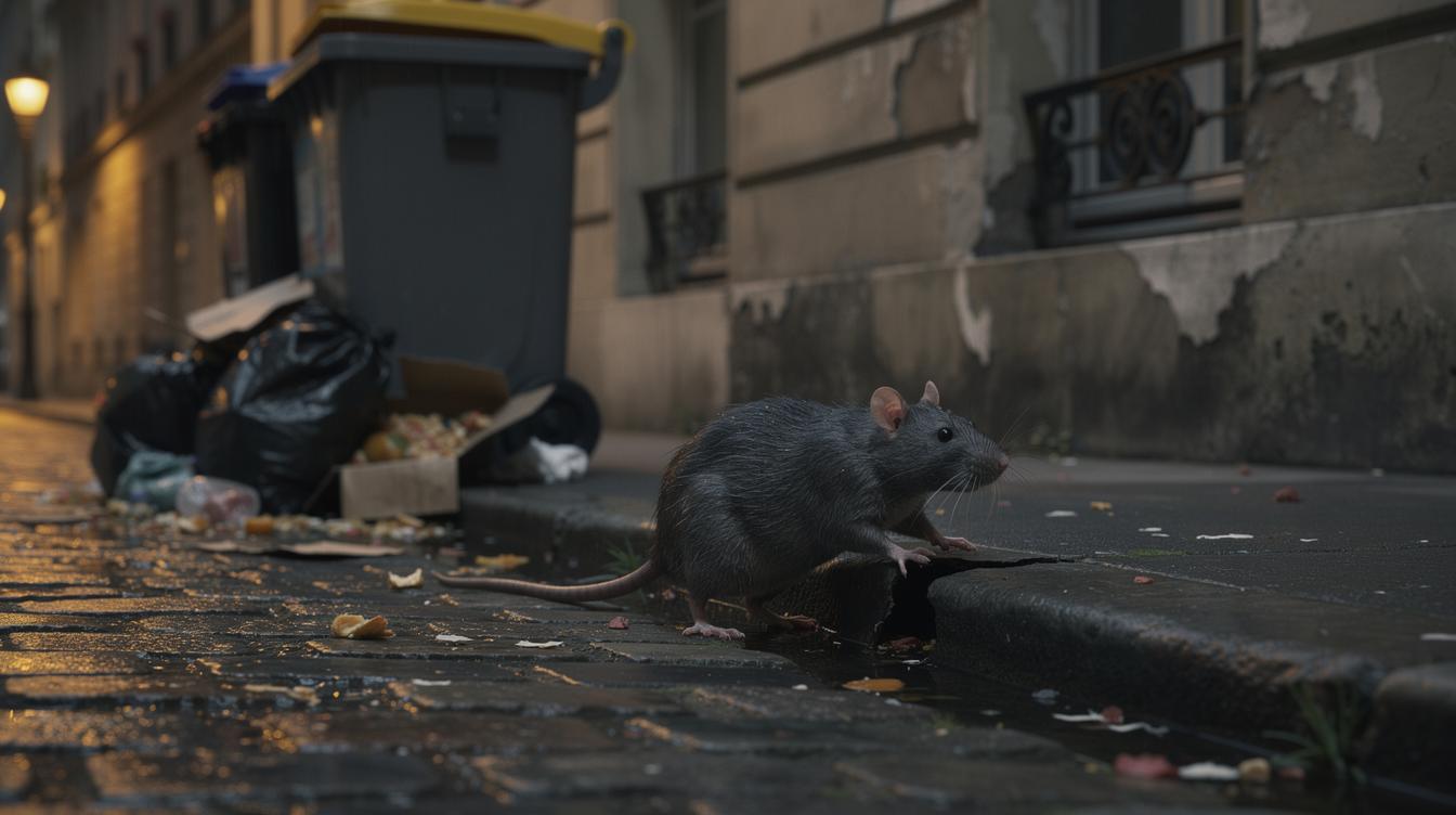 Un rat gris surgissant d'une fissure au bas d'un immeuble ancien de Sceaux, près de poubelles débordantes par une soirée humide, le pavé encore brillant de la pluie.