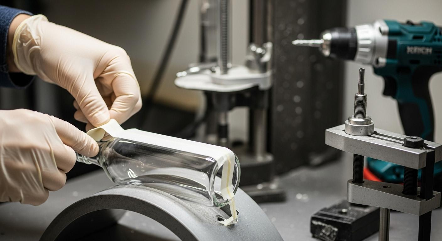 Une main gantée applique lentement un ruban de masquage sur une bouteille en verre posée sur un support incurvé, avec en arrière-plan une perceuse et un guide de perçage prêt à être utilisés.